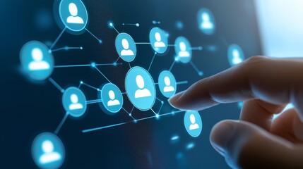 Fototapeta premium Social media connection, finger touching interactive screen with network icons hand