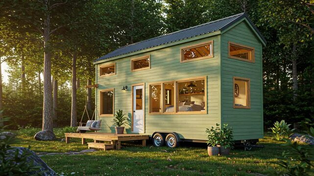 A cozy tiny house nestled in nature, surrounded by greenery and sunlight.