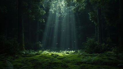 Obraz premium Enchanted forest scenery with sunbeams illuminating the lush greenery and mossy ground