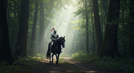 Fototapeta premium Knight in Shining Armor Riding Horse Through Misty Forest Path