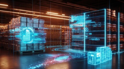 Futuristic digital warehouse interior with glowing neon lights server racks storage pallets and advanced technological systems representing the future of data logistics and commerce