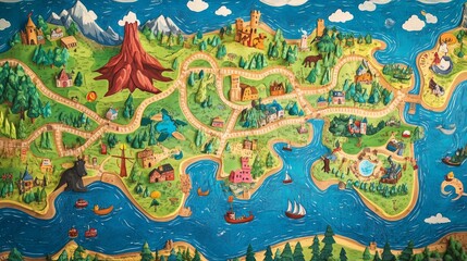 a playful childrenâ€™s map of the world designed as a fun and interactive play mat the continents are illustrated with cute, doodle-like landmarks, such as volcanoes, castles, and windmills roads