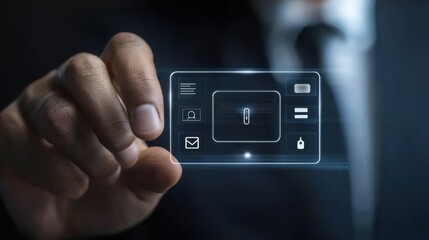 Closeup view of a sleek modern digital interface with minimalist controls buttons and a transparent illuminated display panel