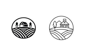 Farmhouse and Barn Rural Landscape Icons, Minimalist Line Art Design