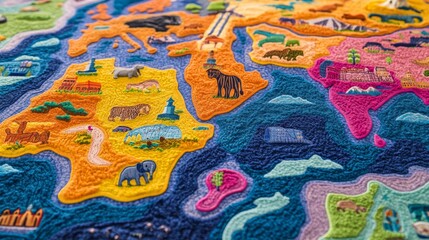 Naklejka premium a vibrant and colorful childrenâ€™s world map designed as a seamless play mat the map features whimsical doodles of continents, countries, and oceans, with playful illustrations of wild animals, such