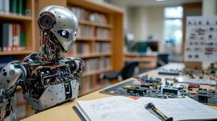 a close-up view of a programmable robot with a sleek metallic frame, standing next to an electronic board filled with tiny resistors, capacitors, and microchips the scene is set in a classroom with a