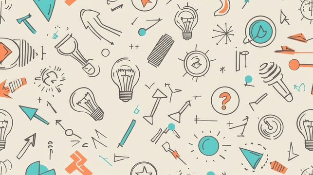a visually engaging design with a seamless pattern of icons related to science and innovation the pattern includes light bulbs symbolizing ideas, arrows indicating direction, and question marks