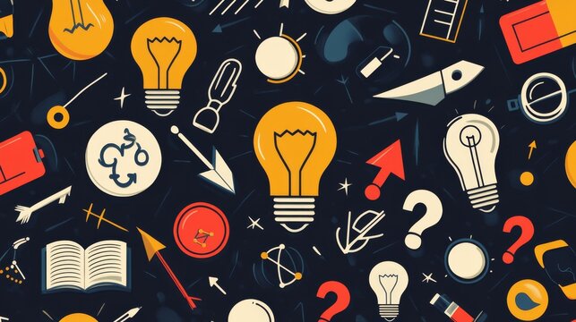 a visually engaging design with a seamless pattern of icons related to science and innovation the pattern includes light bulbs symbolizing ideas, arrows indicating direction, and question marks
