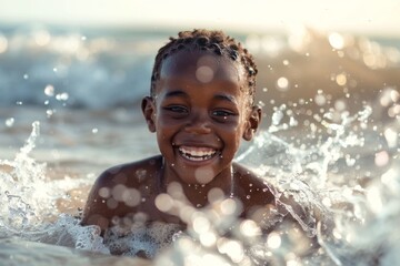 Obraz premium Happy smiling African American boy playing in the sea with splashes and waves around him