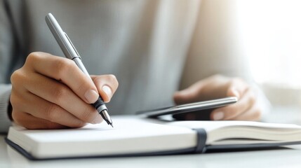 professional sales or marketing setting close-up of person writing in notebook