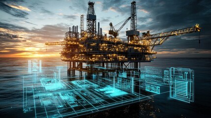 Offshore oil and gas drilling platform operating in the sea at sunset extracting valuable energy resources from the depths  Advanced technology and are used for this complex industrial process
