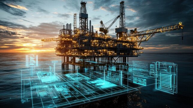 Offshore oil and gas drilling platform operating in the sea at sunset extracting valuable energy resources from the depths  Advanced technology and are used for this complex industrial process