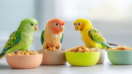 Naklejka premium Colorful Parrots Enjoying Healthy Snacks in Bright Bowls
