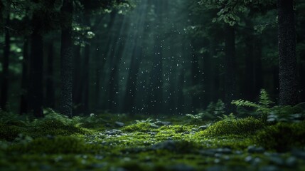 Obraz premium Enchanted forest scene with sun rays and lush green moss in a serene environment