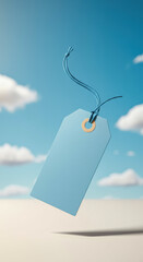 Blue Price Tag Floating Against Sky with Clouds