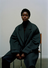 Stylish Portrait of Woman in Oversized Dark Green Coat