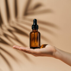 Amber Glass Dropper Bottle in Hand with Tropical Shadow