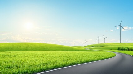 Obraz premium Sustainable energy, scenic road leading to wind turbines in a green field 