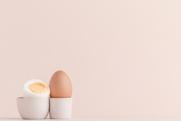 single softly lit boiled egg with clean modern egg cup set against gentle off-white background scene offers abundant