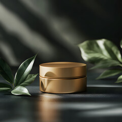 Elegance in Gold: A luxurious gold container sits serenely amidst natural foliage, elegantly catching the interplay of light and shadow