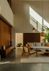 Modern Living Room with Warm Light and Wooden Accents