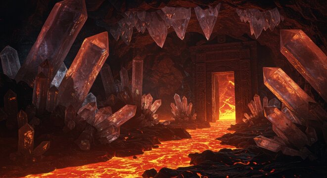 Fiery Lava River Cave Entrance with Giant Crystal Formations and Ancient Stone Doorway - Powered by Adobe