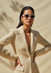 Confident Woman in Stylish Textured Blazer and Sunglasses