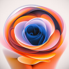 An ethereal digital flower made of translucent layers in gradients of orange, violet, and deep blue. A visual metaphor for emotion, technology, and organic perfection coming together.