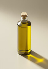 A clean composition of a glass bottle filled with golden oil, casting a soft shadow on a warm-toned surface. A celebration of purity, minimalism, and premium product aesthetics.