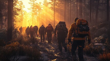 Hikers on a sunlit forest trail