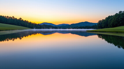 Fototapeta premium Environmental crisis Ethereal morning mist over calm reflective lake at sunrise, serene view