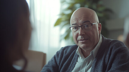 Obraz premium A bald man with glasses wearing a gray sweater looking at someone in a bright indoor setting