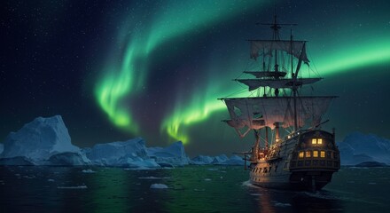 Majestic Antique Sailing Ship at Night Arctic Aurora Borealis Icebergs