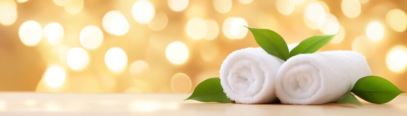 Serene spa setting, rolled white towels adorned with fresh green leaves for ultimate relaxation