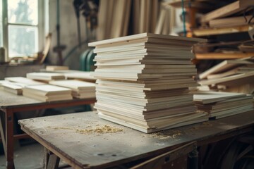 Fototapeta premium High angle shot shows a stack of white plywood boards neatly arranged on a workshop table with sawdust