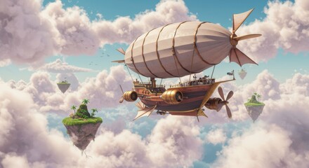 Steampunk Airship Soaring Above Fantasy Floating Islands and Cloudscape