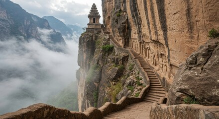 Ancient Temple Staircase Carved into Mountain Cliffside Misty Landscape