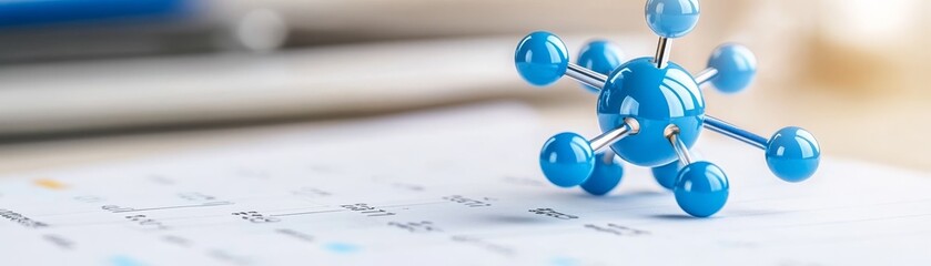 A blue molecular model sits on a piece of paper with writing, with a blurred pen and other papers in the background.