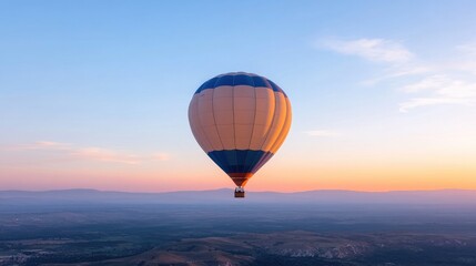 Obraz premium colorful hot air balloon floats gently above serene landscape casting soft shadow on earth below under sky transitioning