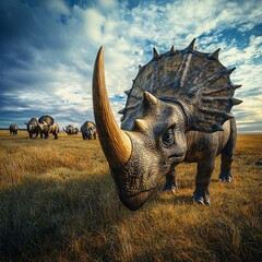 Fototapeta premium A close up shot of a large triceratops in a field