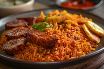 A dish of spicy jollof rice garnished with fried plantains