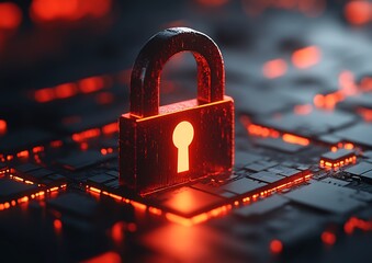A glowing digital lock symbolizing security over a circuit board