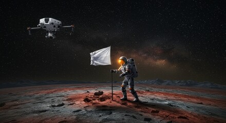 Astronaut Planting White Flag on Alien Planet with Drone Overhead Space Exploration