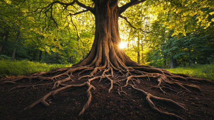 Environmental crisis Ancient tree with massive roots spreading across forest floor at sunset