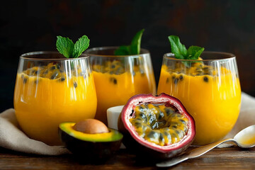 Fototapeta premium panna cotta with passion fruit and seeds, on the table next to it is half of an open avocado from which its seed floats out. on top of the panna cotta,