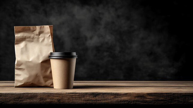 paper coffee cup and brown paper bag on a wooden table with copy space, a mockup template of a food delivery service concept for an online market or web shop.