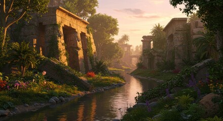 Ancient Ruins Overgrown by Lush Tropical Vegetation Serene River at Sunset