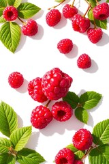 Fresh Raspberry Arrangement with Green Leaves on White Background Studio Shot