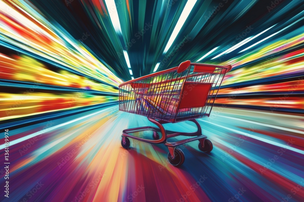 Poster Grocery cart speeds through vibrant supermarket aisle with energetic motion and colorful lights Generative AI