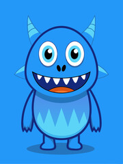 Cute Blue Monster – Friendly Cartoon Character with Big Green Eyes and Horns in Children's Vector Illustration